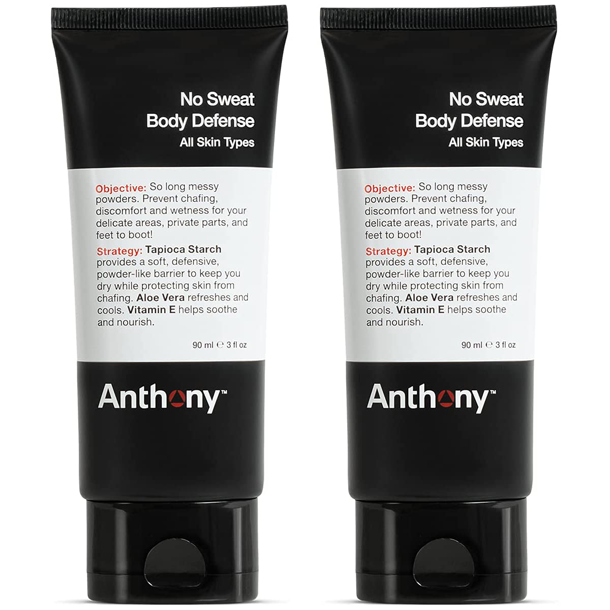 Anthony No Sweat Body Defense Deodorant for Men – (Pack of 2) Anti-Chafing, Anti-Itch Cream-to-Powder Lotion for Sweat and Body Odor Control – 3 Fl. Oz